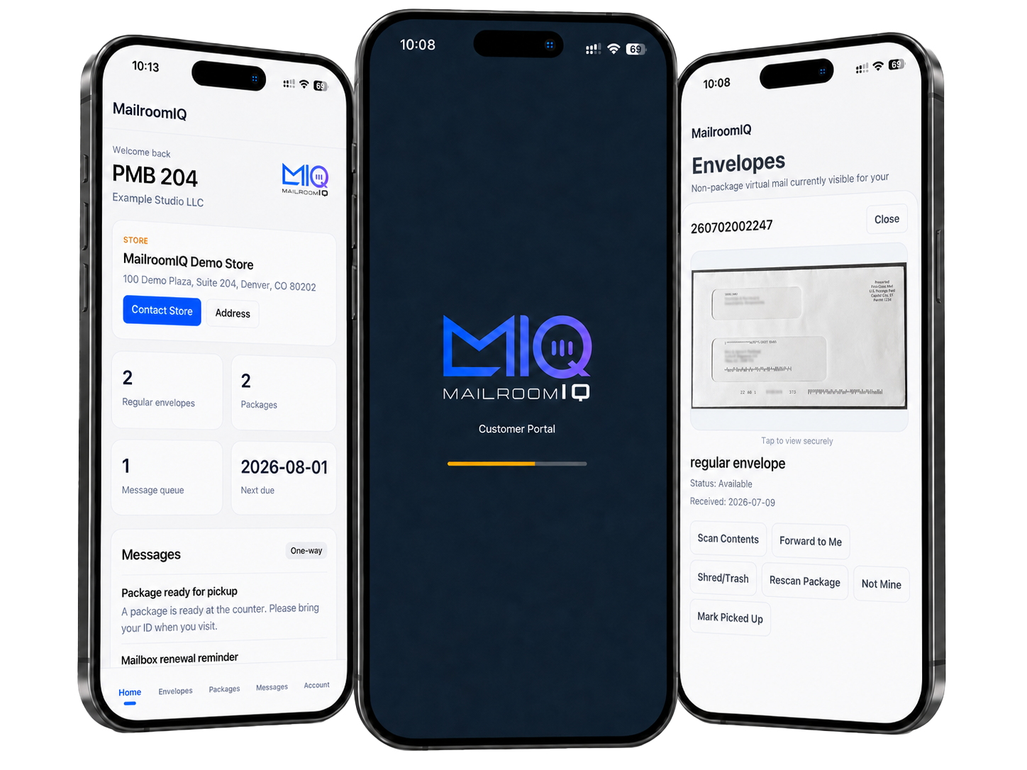 MailroomIQ customer app screens for private mailbox access, package visibility, and secure sign-in.