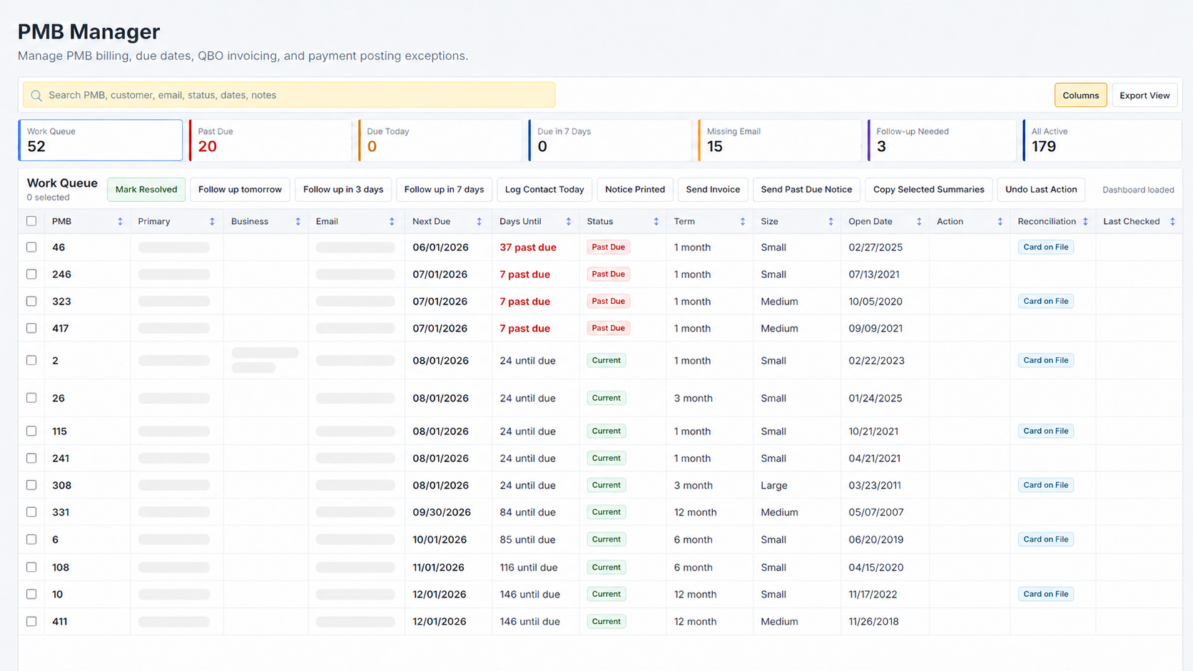 MailroomIQ PMB Manager work queue showing billing status, due dates, follow-up tasks, and reconciliation status.