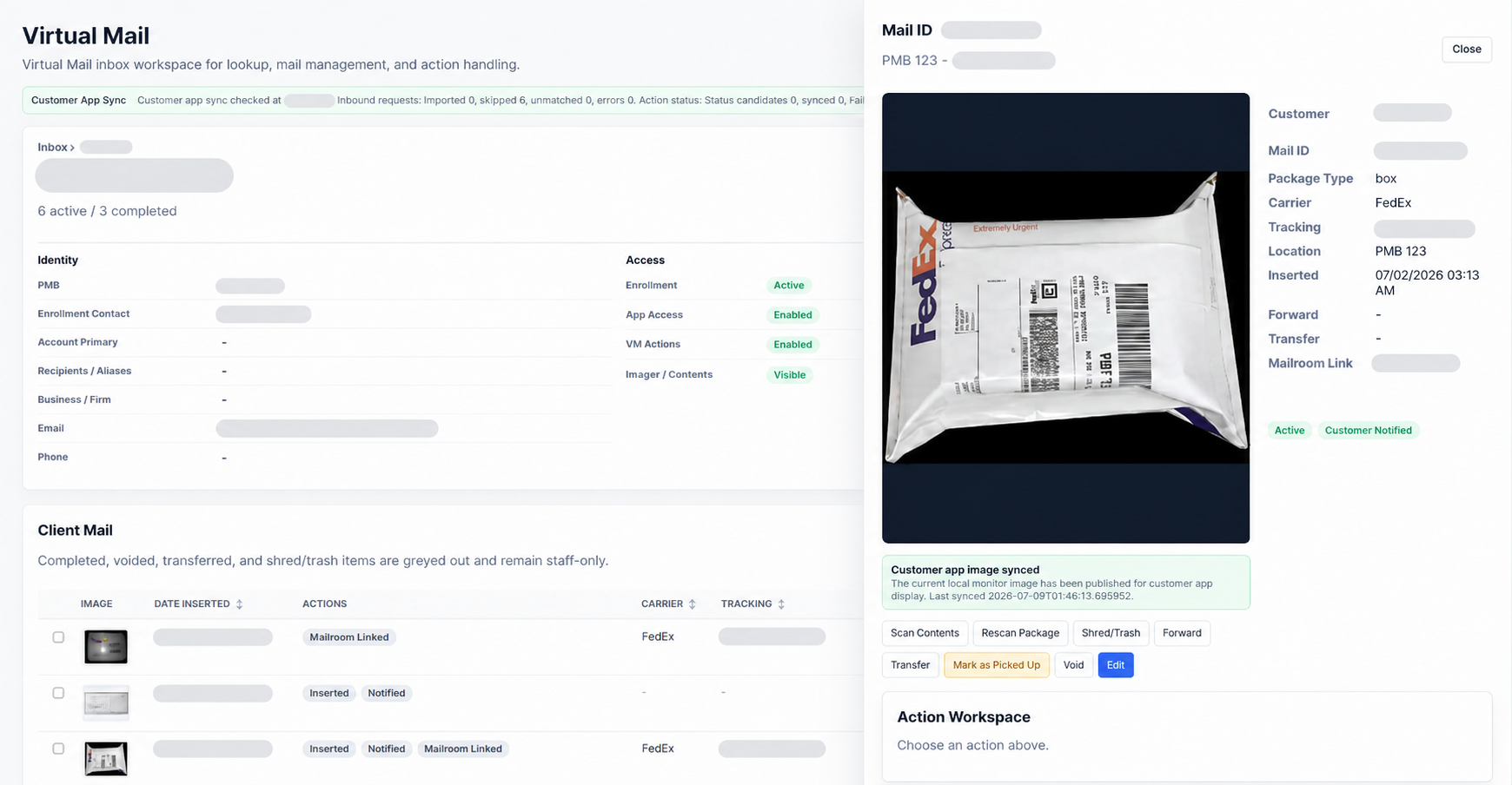 MailroomIQ virtual mail intake workspace showing mailbox customer context, package image review, customer notification status, and staff action controls.